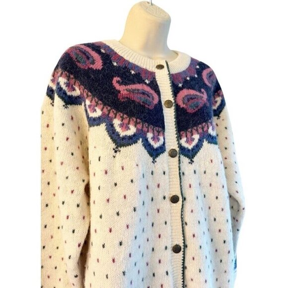 Vintage Woolrich Woman's Sz L Cream Blue Paisley Wool Blend Button Cardigan - Picture 2 of 11